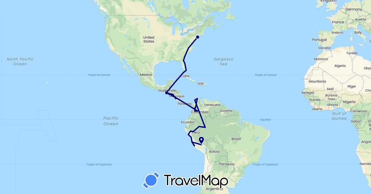TravelMap itinerary: driving in Colombia, Guatemala, Honduras, Nicaragua, Peru, El Salvador, United States (North America, South America)